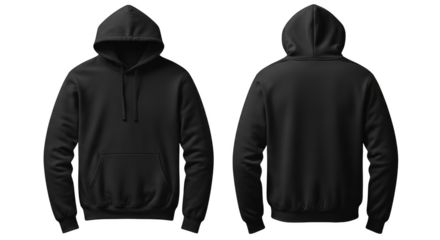 Hooded sweatshirt front and back view isolated on a transparent background black hoodie front view