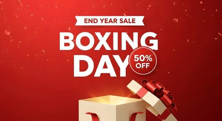 Exciting boxing day sale with 50 percent off and glowing gift box for end of year promotions