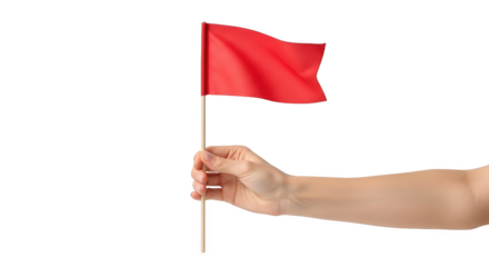 Human hand holding a small plain red flag on a wooden stick isolated on a transparent background small flag