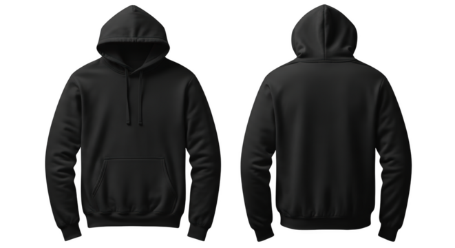 Hooded sweatshirt front and back view isolated on a transparent background black hoodie front view