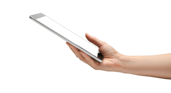 Human hand holding a silver tablet with a blank white screen isolated on a transparent background device