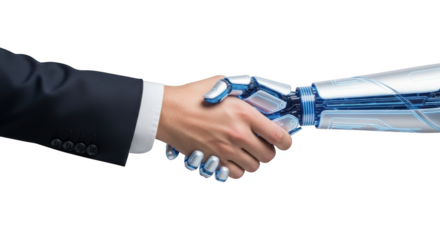 Human hand in dark suit shaking robotic hand with blue glowing circuits isolated on a transparent background