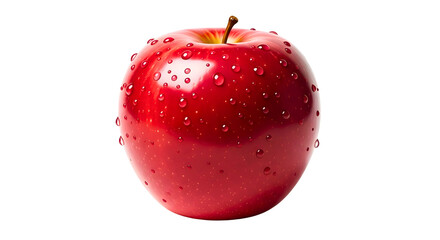 Fresh red apple with water droplets glistening against a stark black backdrop on transparent background