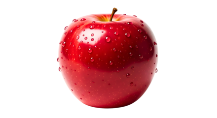 Fresh red apple with water droplets glistening against a stark black backdrop on transparent background