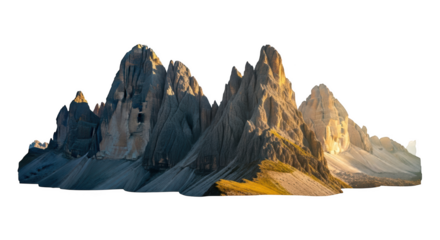 Jagged mountain peaks with dramatic sunlight and shadow on background isolated on a transparent background