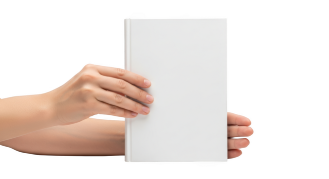 Human hands holding a blank white book cover isolated on a transparent background image - Powered by Adobe
