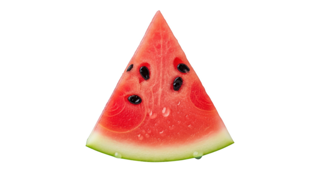 Juicy triangular slice of fresh red watermelon with seeds and water droplets isolated on a transparent background