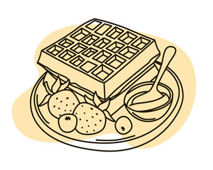 Vector illustration depicting a delicious waffle served on a plate with fresh strawberries and a spoon of honey. The design emphasizes a sweet breakfast or dessert concept.
