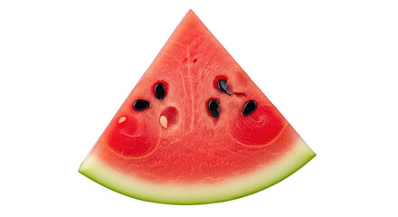 Juicy triangular slice of red watermelon with seeds and green rind isolated on a transparent background