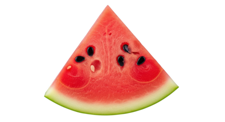 Juicy triangular slice of red watermelon with seeds and green rind isolated on a transparent background