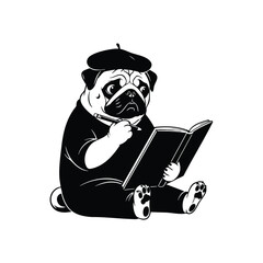 Pug artist silhouette on White background cute dog painting wearing beret and holding brush drawing on book