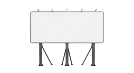 Large blank white billboard with dark metal frame and support legs isolated on a transparent background