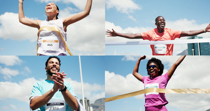 Cheering, collage and people with celebration, marathon and fitness with competition. Athlete, goals and healthy runners with montage, excited and winning with victory, achievement and success