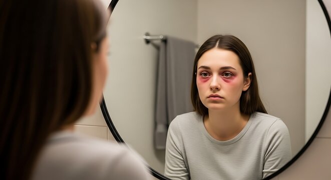 Woman with bruised eyes looking in mirror bathroom