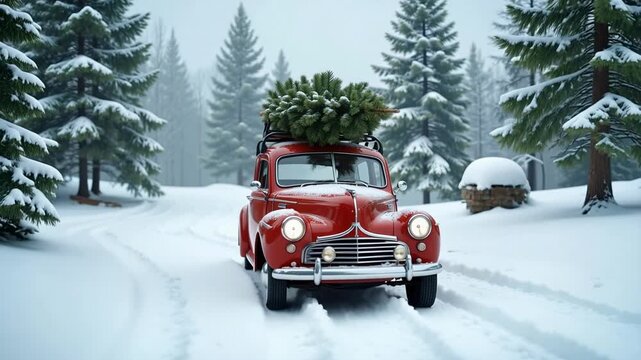 Whimsical stopmotion car with festive Christmas tree navigates enchanting snowy landscape, perfect for holiday cheer and winter wonder.