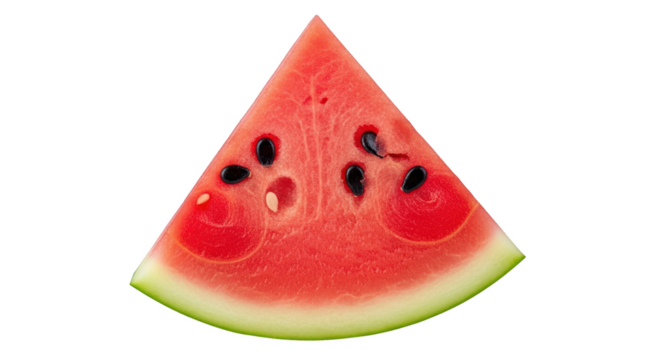 Juicy triangular slice of red watermelon with seeds and green rind isolated on a transparent background