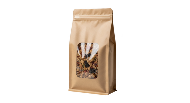 Kraft paper pouch with transparent window filled with granola and dried fruits isolated on a transparent background