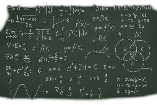 Mathematics and physics formulas, graphs on a transparent chalkboard background, representing education and science