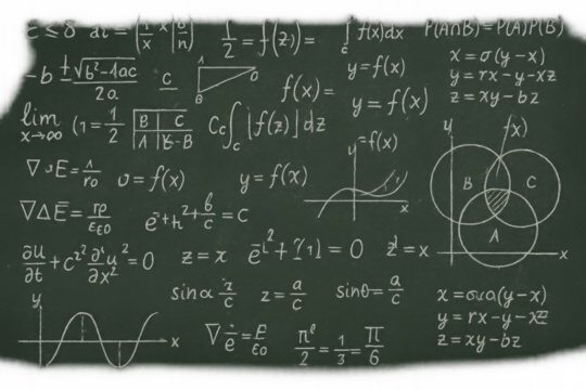 Mathematics and physics formulas, graphs on a transparent chalkboard background, representing education and science