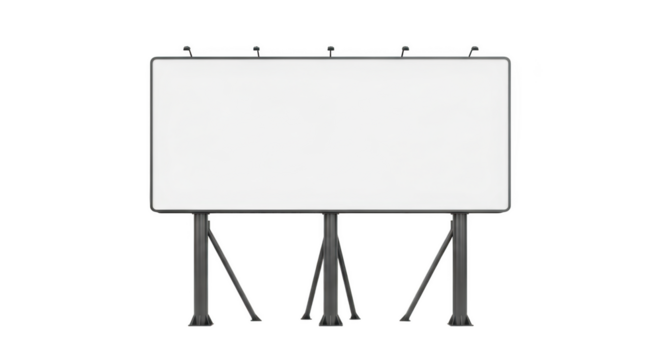 Large blank white billboard with dark metal frame and support legs isolated on a transparent background