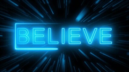 Glowing Blue Neon Word BELIEVE Inside a Rectangular Frame Against a Streaking Light animated. “BELIEVE” text framed by streaking animated lights, creating a visually striking and energetic motion