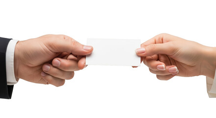 Man in dark suit and woman in white shirt exchange blank white business card isolated on a transparent background