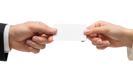 Man in dark suit and woman in white shirt exchange blank white business card isolated on a transparent background