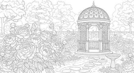 Intricate Line Art Garden with Ornate Gazebo, Lush Peonies, and Tranquil Path, Ideal for Coloring