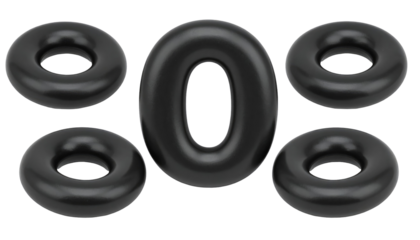 Glossy, black-colored geometric shapes arranged on a dark backdrop. A large "zero" is the central focal point. Smaller torus shapes surround