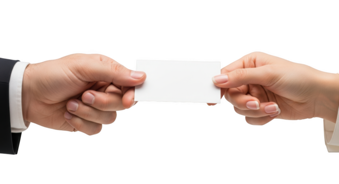 Man in dark suit and woman in white shirt exchange blank white business card isolated on a transparent background - Powered by Adobe