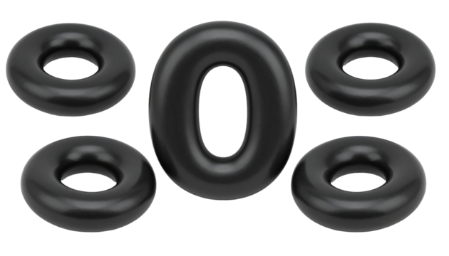 Glossy, black-colored geometric shapes arranged on a dark backdrop. A large "zero" is the central focal point. Smaller torus shapes surround