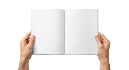 Open blank white book held by two hands isolated on a transparent background open book blank pages