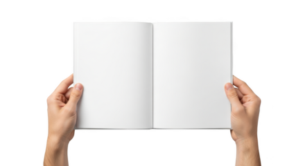 Open blank white book held by two hands isolated on a transparent background open book blank pages