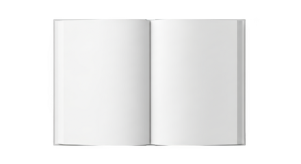 Open blank white book with clean pages and a subtle spine detail isolated on a transparent background