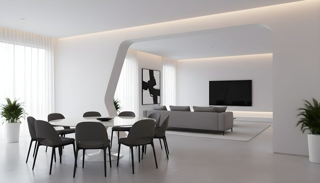 Modern open-plan living and dining room with a minimalist white interior design.