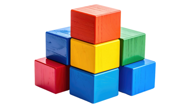 A stack of colorful, wooden building blocks arranged in a pyramid shape. The blocks are primary colors