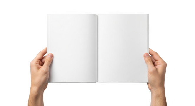 Open blank white book held by two hands isolated on a transparent background open book blank pages