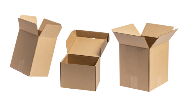 Three cardboard boxes, varying in size, are isolated on a black background, with their flaps open, suggesting preparation for use