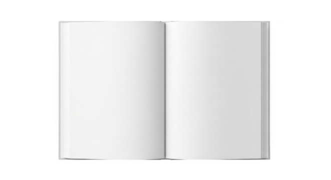 Open blank white book with clean pages and a subtle spine detail isolated on a transparent background