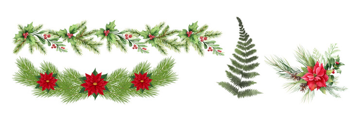Festive watercolor christmas garland and botanical elements with poinsettia and pine