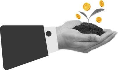 saving for the future, hands with money tree art collage