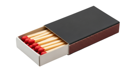 Open box of matches with red tips and wooden sticks on background isolated on a transparent background