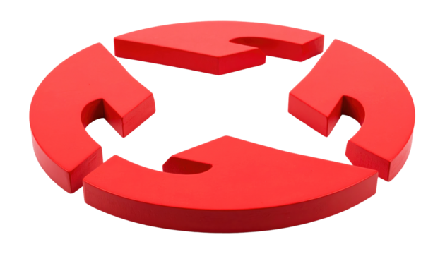A 3D rendered graphic featuring four bright red, curved arrow-like shapes arranged in a circular configuration. The background is solid black