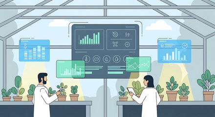 Two scientists in a greenhouse analyze plant data displayed on screens, observing potted plants on tables.