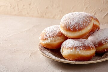 Plate of sufganiyot jelly donuts on beige background