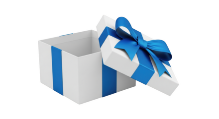Open white gift box with blue ribbon and bow on background isolated on a transparent background open box