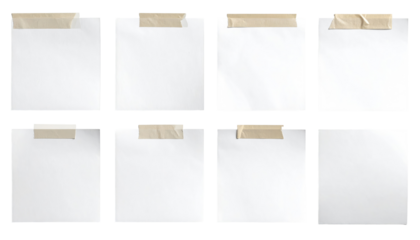 Eight blank white paper rectangles, each secured with tan tape at the top edge, against a stark black background