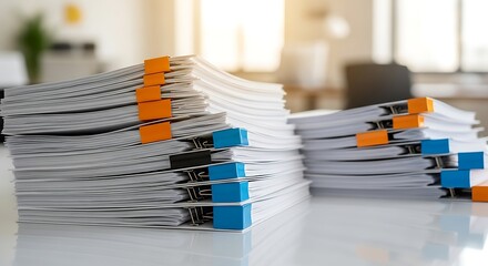 Stacks of paper documents with colorful binders orange