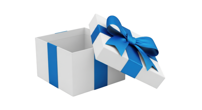 Open white gift box with blue ribbon and bow on background isolated on a transparent background open box