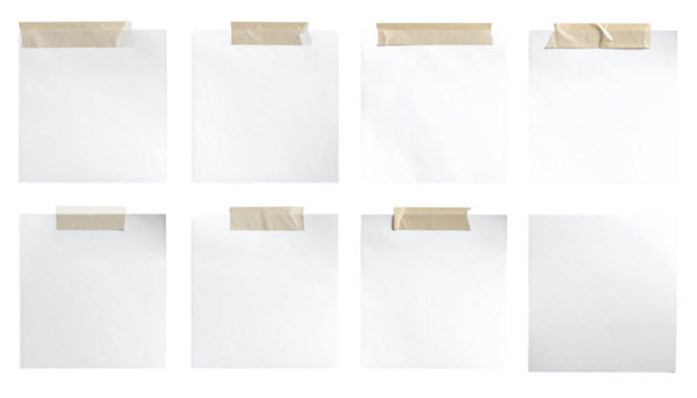 Eight blank white paper rectangles, each secured with tan tape at the top edge, against a stark black background